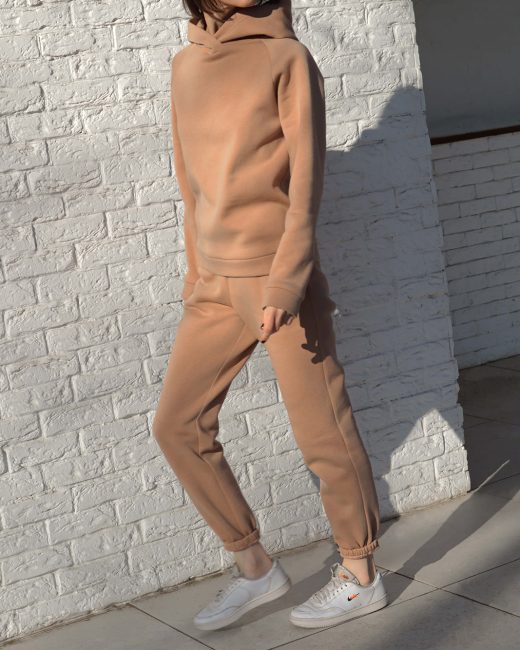 Beige track-pants and hoodie set оn fleece