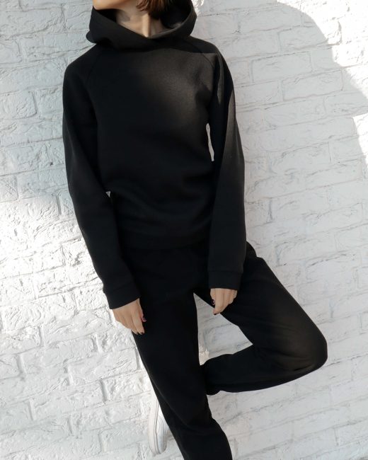 Black track-pants and hoodie set оn fleece