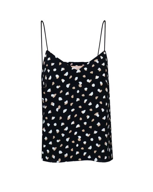 2KStyle black spaghetti straps viscose camisole featuring an abstract leopard print, full front view on a white background