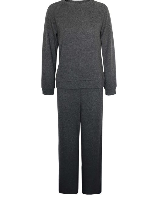 Grey wool-blend knit wide-leg pants and sweater set