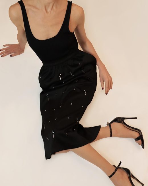 Gabriela black crystal hand-embellished satin midi skirt