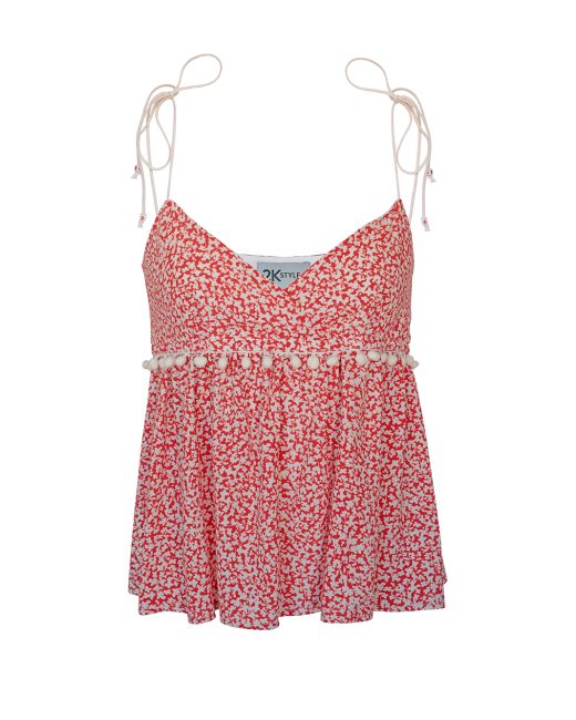 Jean spaghetti straps top with pom-pom