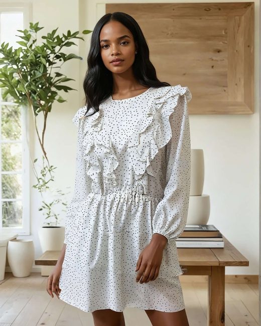 August ruffled polka-dot 3/4 sleeves viscose mini dress