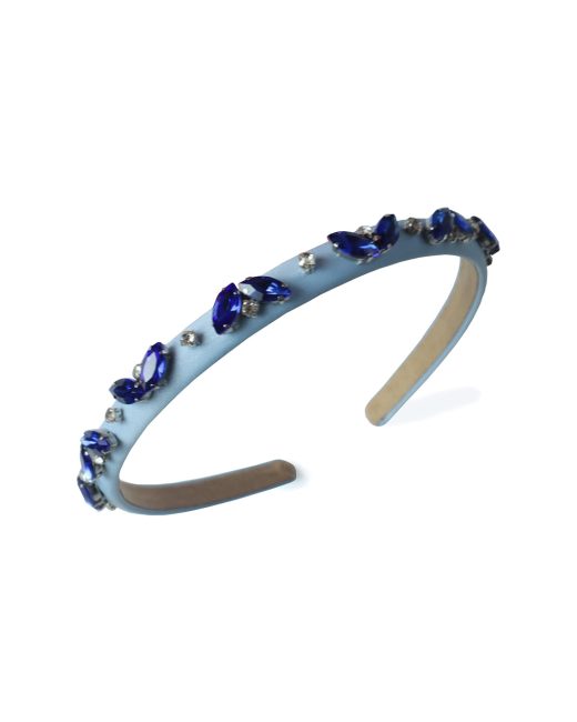 Virginia blue crystal hand-embellished satin headband on a white background, showcasing elegant detailing and luxurious design