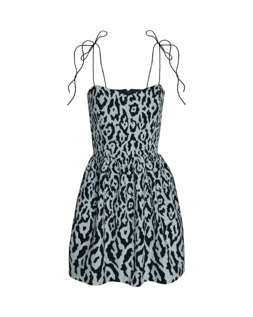 Brandy mini dress in black and white french jacquard with animal print and tie-up shoulder straps