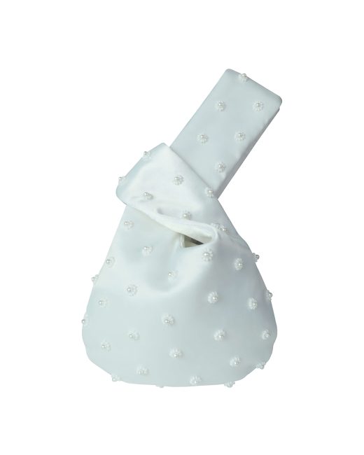 White satin handbag with hand-embroidered pearls and beads, knotted handle - evening bag