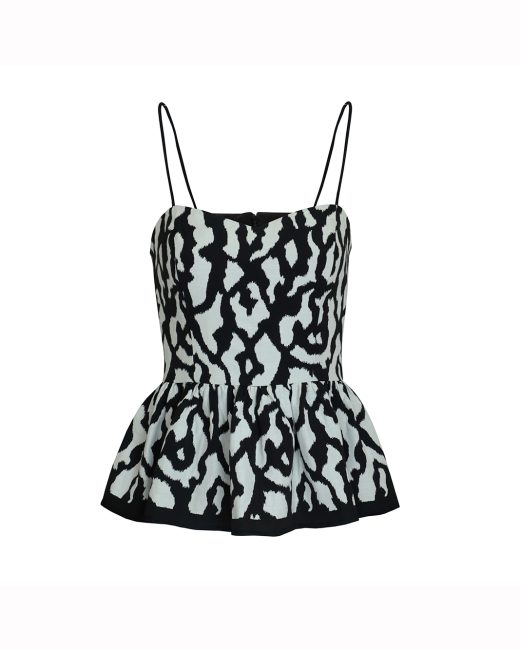 Jacquard peplum top with slim straps and animal-inspired pattern, versatile for day or evening wear