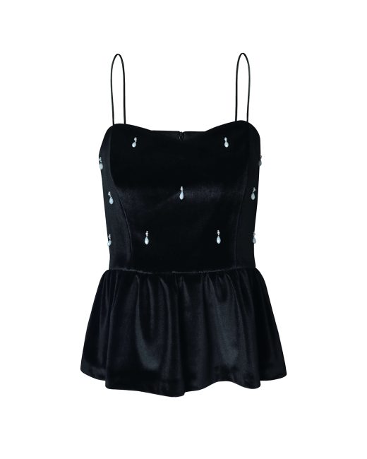 Black hand-embellished velvet spaghetti straps peplum top