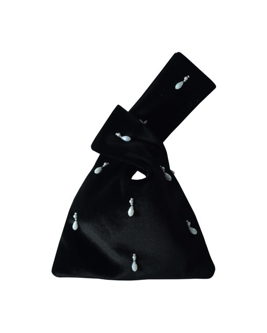 Vallen black bead and pearl hand-embellished velvet wristlet pouch