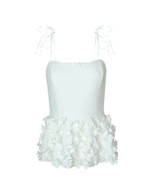 Hand-embellished white crepe peplum top with floral appliqués and tie straps