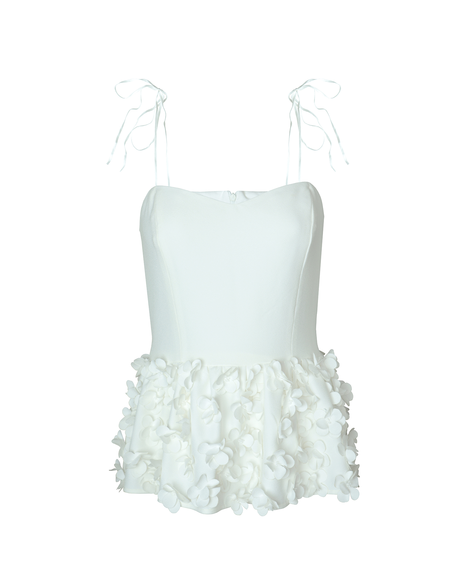 Hand-embellished white crepe peplum top with floral appliqués and tie straps