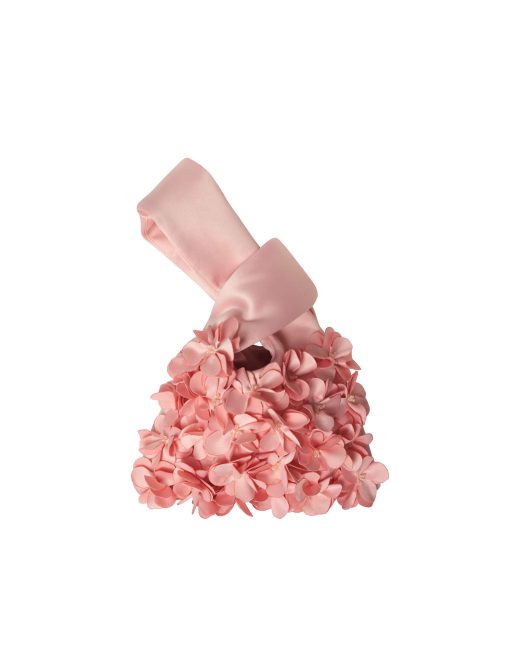 Pearl pink satin Japanese knot bag with handcrafted 3D floral embellishments