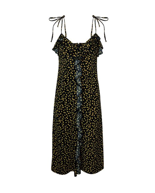 Black floral midi dress with ruffle front and tie shoulder straps