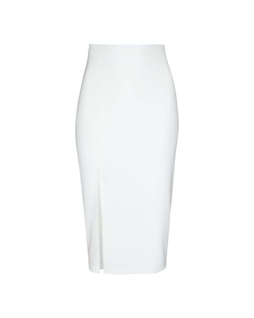 White high-waisted pencil midi skirt with front split, fitted silhouette, front view