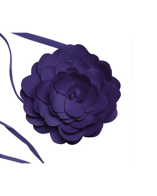 Deep violet handmade satin flower choker and brooch on velvet ribbon cord, front view