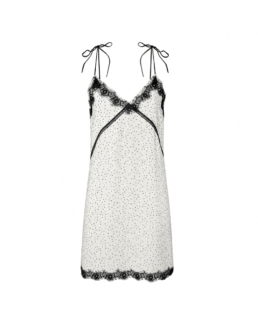 White polka-dot slip mini dress with black lace V-neckline, V-back and hem trim, adjustable tie straps, front view