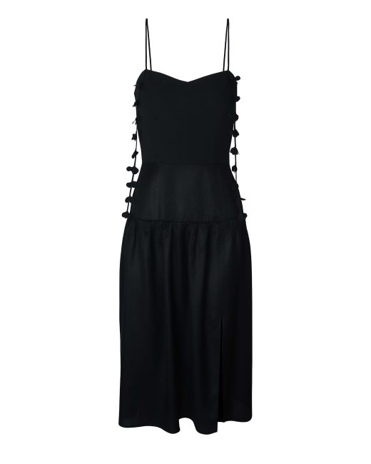 Black midi dress with V-neckline, hand-applied 3D-floral embellishment and split midi skirt, front view