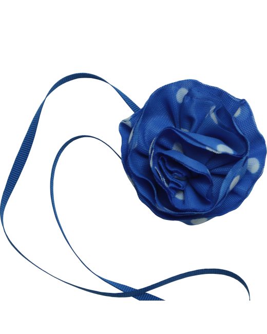 Blue polka-dot fabric flower choker on grosgrain ribbon cord, handcrafted