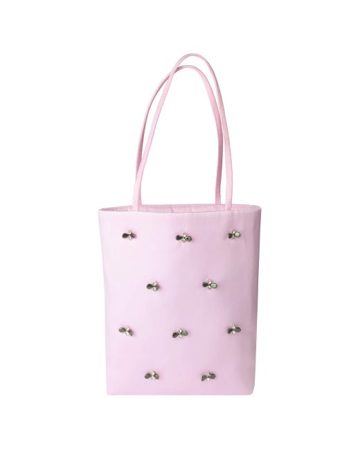 pale pink satin mini tote bag with hand-embellished olive beads and crystals, front view.