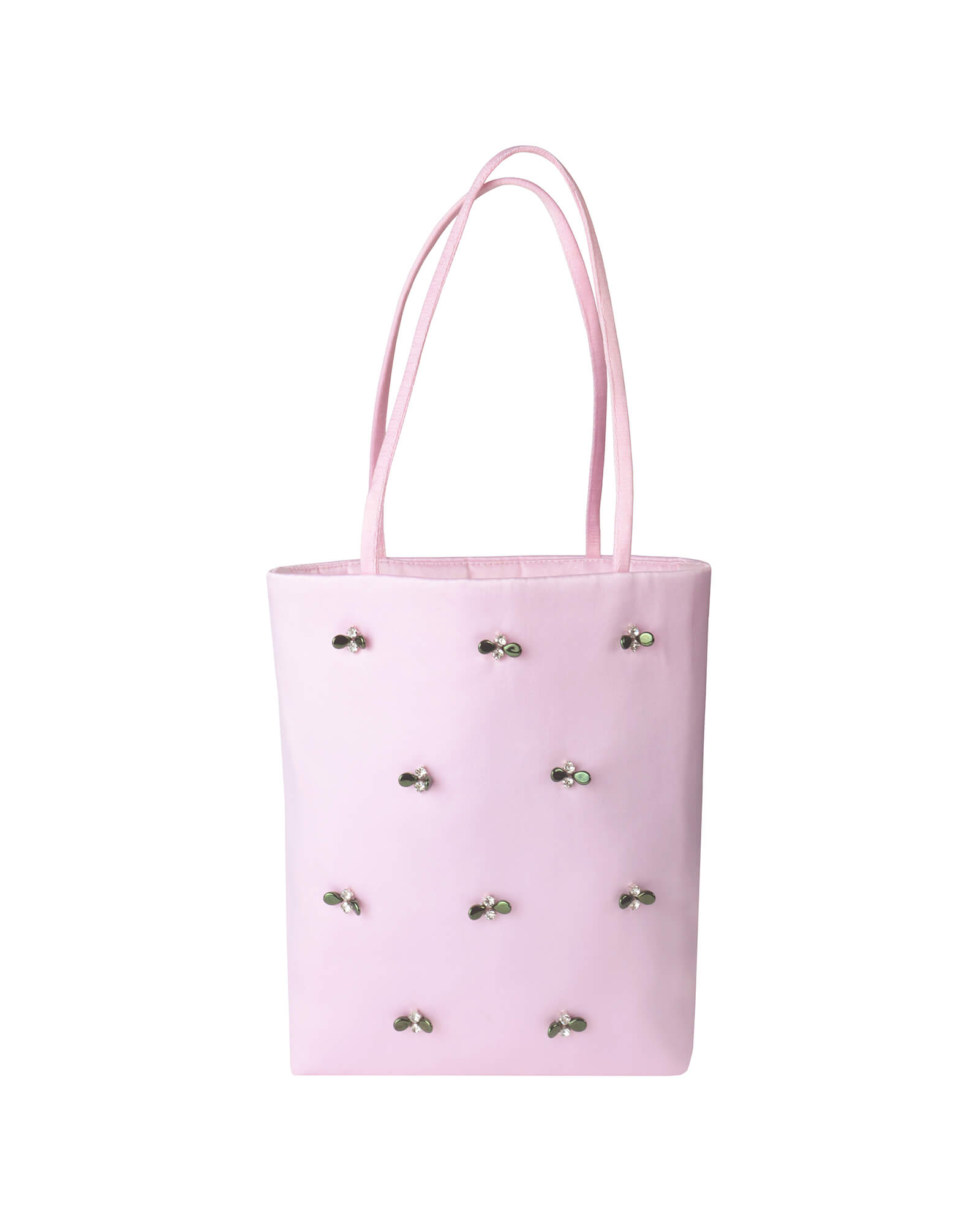 pale pink satin mini tote bag with hand-embellished olive beads and crystals, front view.