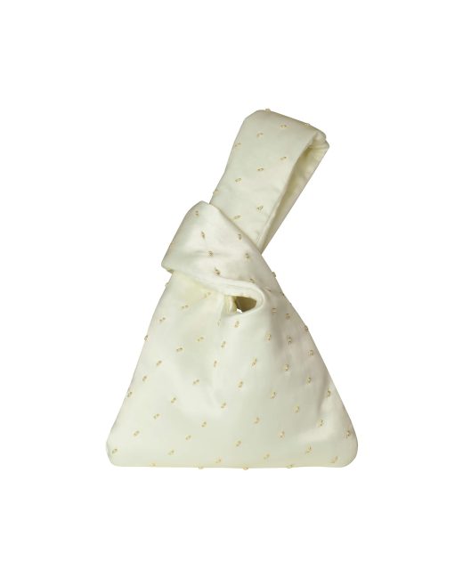 2KStyle handcrafted cream satin Japanese knot mini bag with delicate pearl and bead embellishments, front view