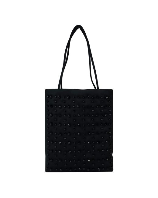 2KStyle satin mini tote bag with hand-embellished black beads and crystals, front view.