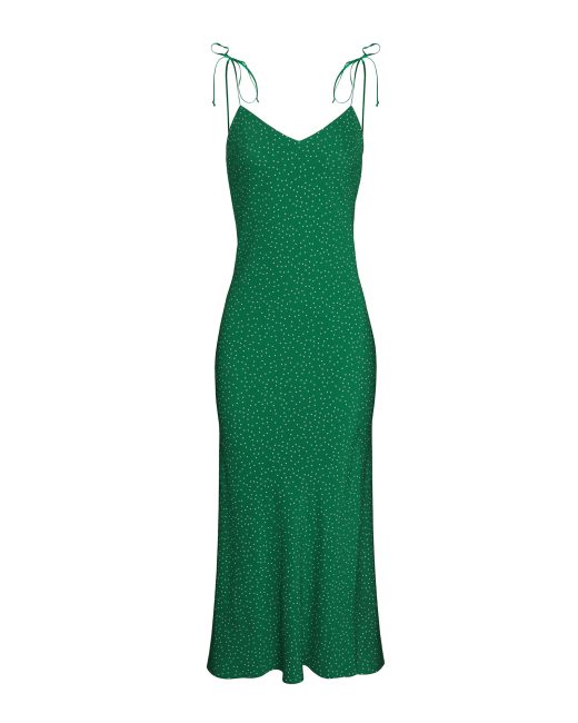 2KStyle green and white polka-dot viscose maxi dress, front view showing the V-neckline and slender tie-fastening shoulder straps.