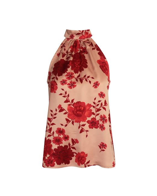 2KStyle halterneck blouse in cream with red floral print, made of satin-viscose, front view showing high stand collar and soft pleats.