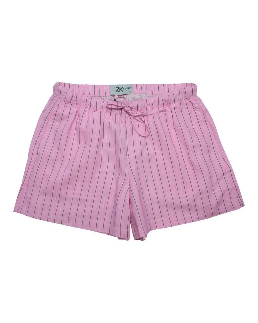 2KStyle relaxed-fit pink striped linen shorts with an elasticated drawstring waistband and side pockets, full front view on a white background.