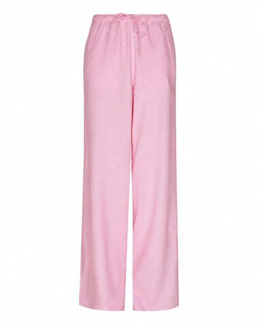2KStyle high-waisted pastel pink linen wide-leg trousers with an elasticated drawstring waistband and side pockets, full front view on white background