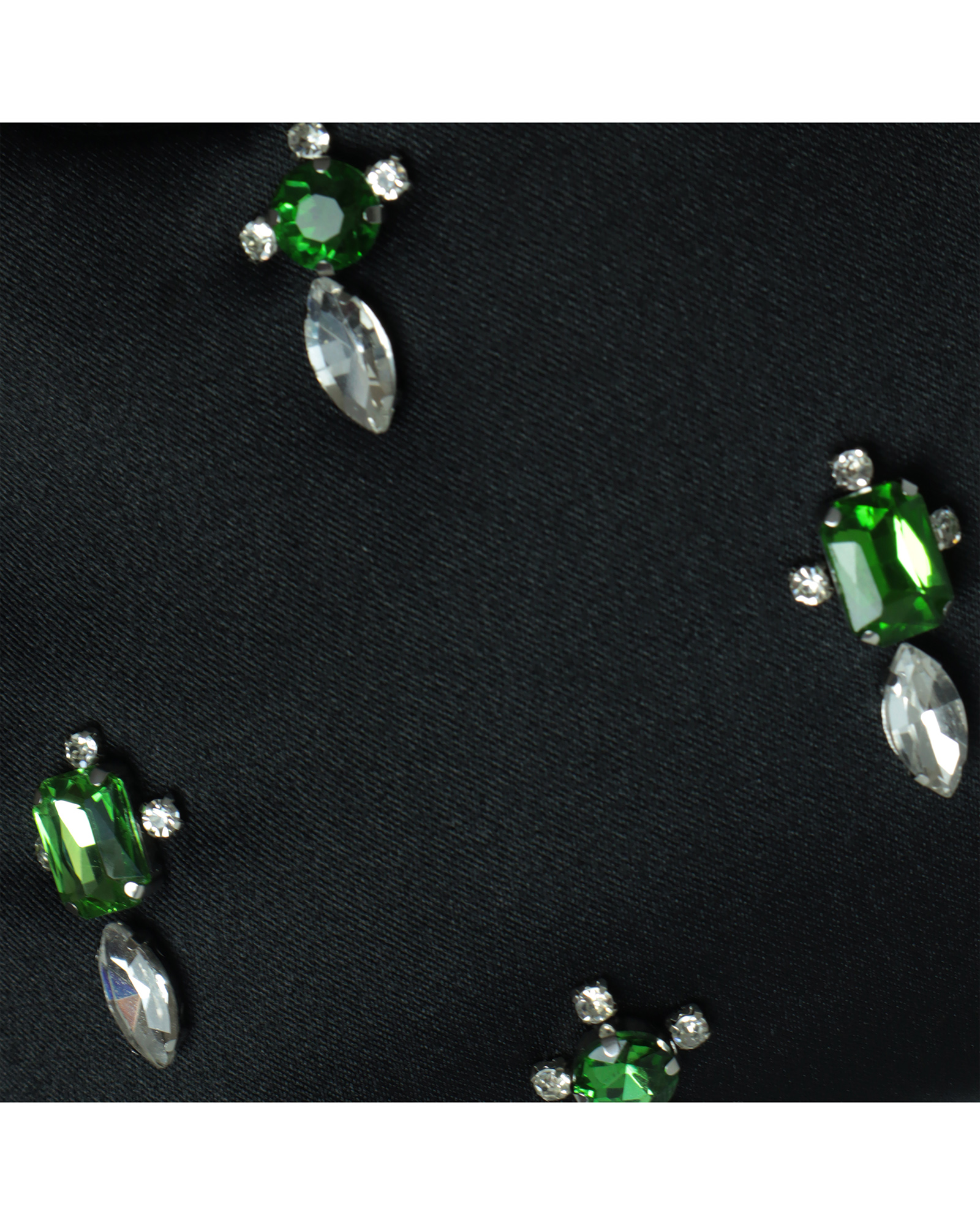2KStyle black satin mini Japanese knot bag hand-embellished with emerald green and clear multi-faceted crystals, details