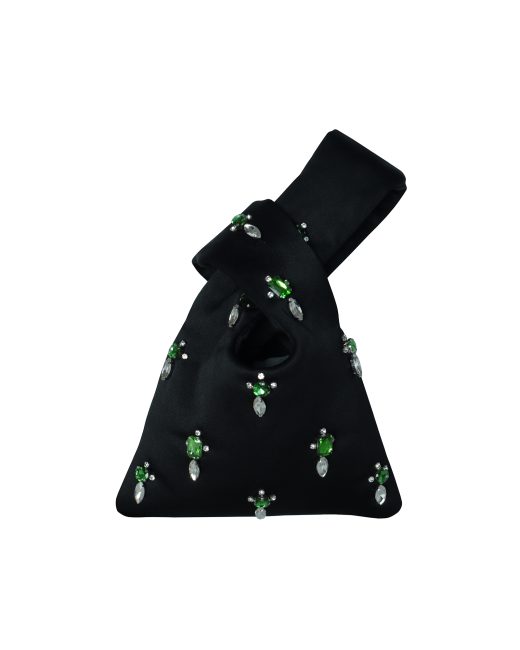 2KStyle black satin mini Japanese knot bag hand-embellished with emerald green and clear multi-faceted crystals, isolated on a white background