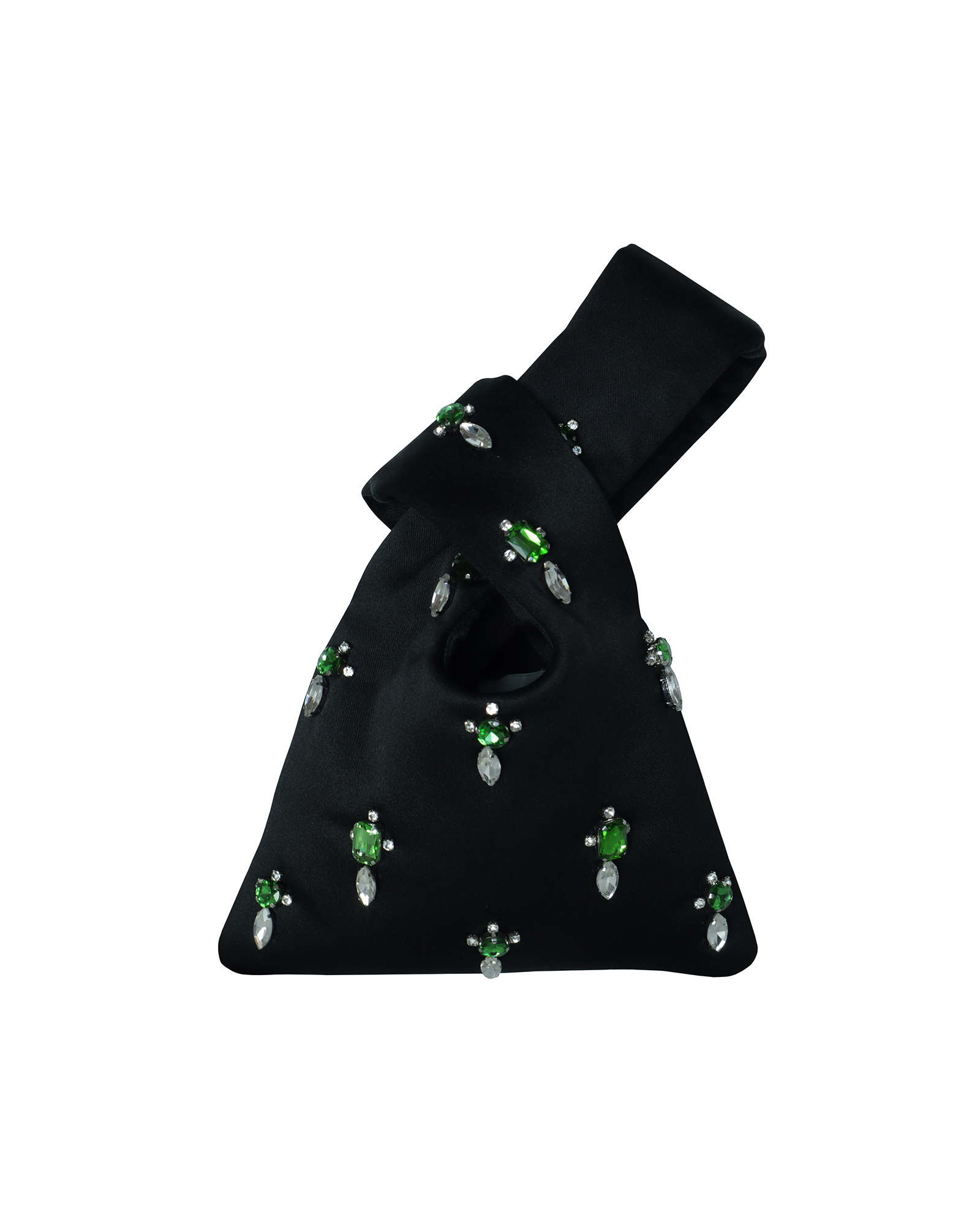 2KStyle black satin mini Japanese knot bag hand-embellished with emerald green and clear multi-faceted crystals, isolated on a white background