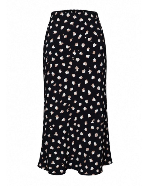 2KStyle black bias-cut viscose midi skirt featuring an abstract leopard print with an elasticated waistband, full front view on a white background