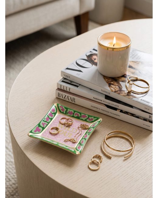 2KStyle handcrafted square modeling clay trinket dish, styled with gold hoop earrings in interior