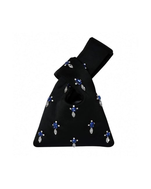 2KStyle black satin mini Japanese knot bag hand-embellished with blue and clear multi-faceted crystals, isolated on a white background